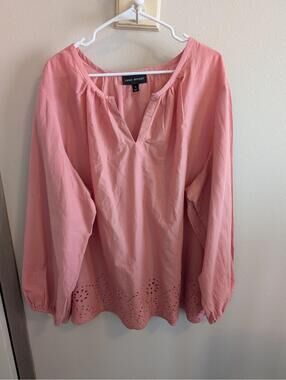 Lane Bryant Woman's 28 Long Sleeve Lightweight Pink Blouse Eyelit Lace Fairy